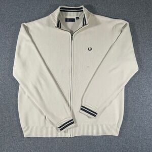 Fred Perry Men XL Half Zip Knit Sweater Cream Cardigan Twin Tipped Laurel Wreath